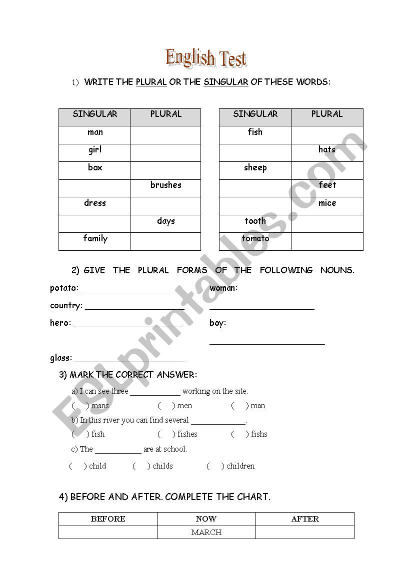 plurals, days, months worksheet