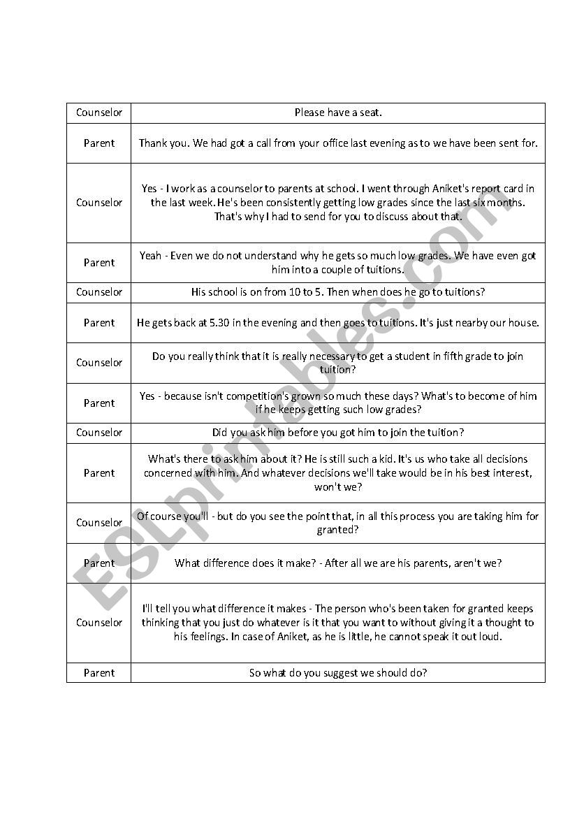Parent Counselling At School worksheet