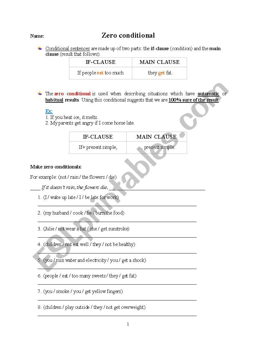 zero conditional worksheet