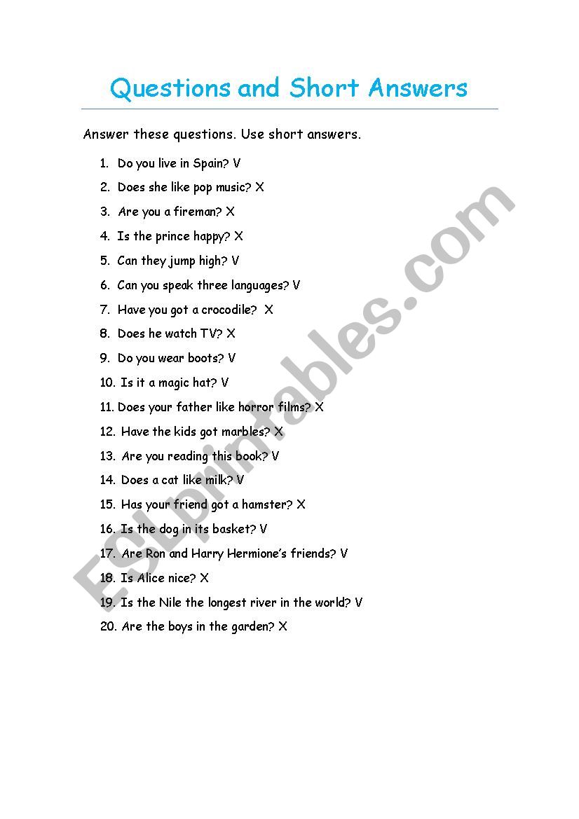 Questions_Short Answers worksheet