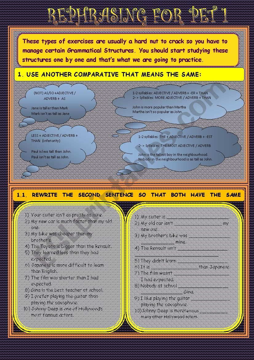REPHRASING FOR PET NÂº 1 worksheet