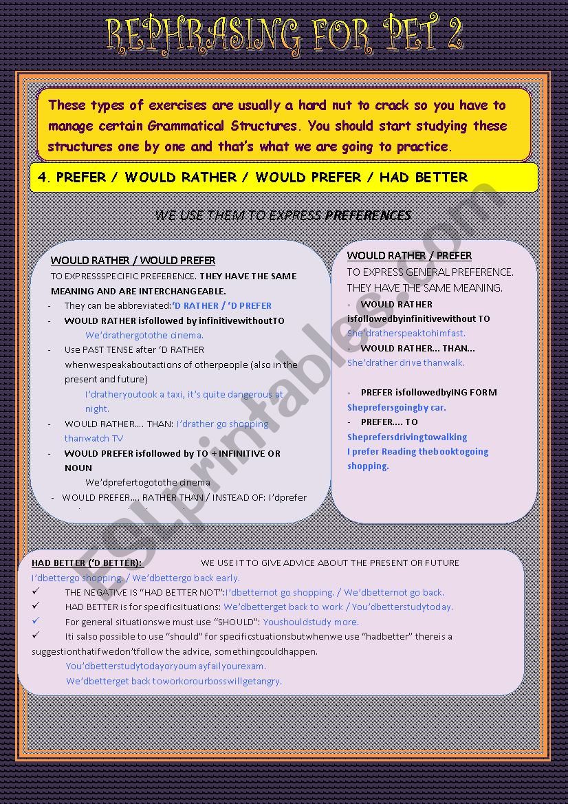 REPHRASING FOR PET NÂº 2 worksheet