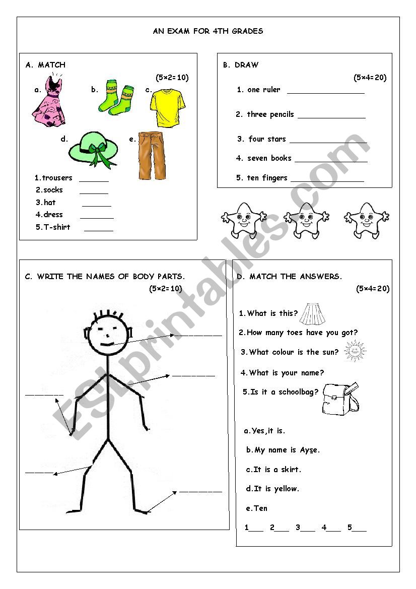 a test for 4th grades worksheet