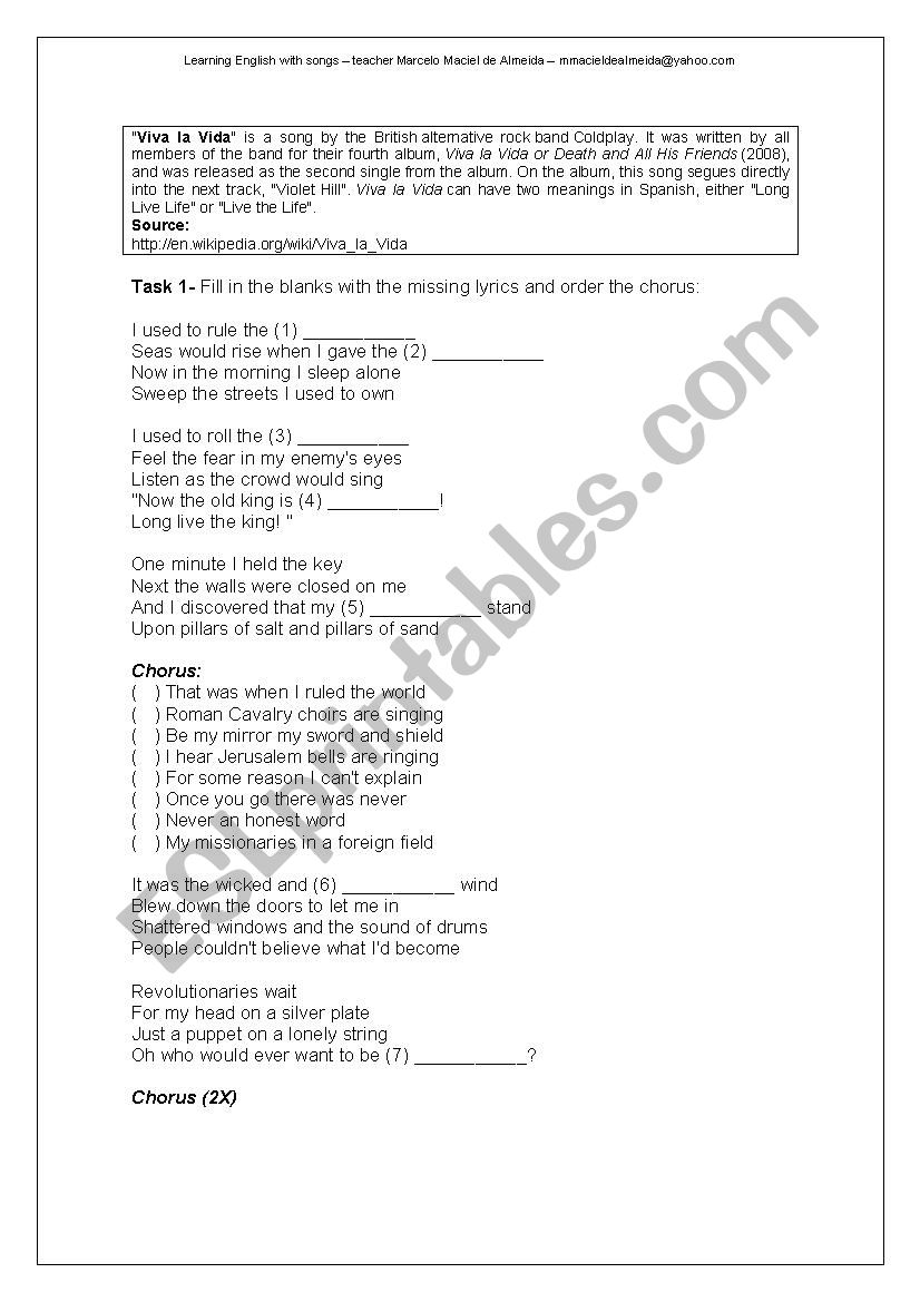 VIva la Vida worksheet