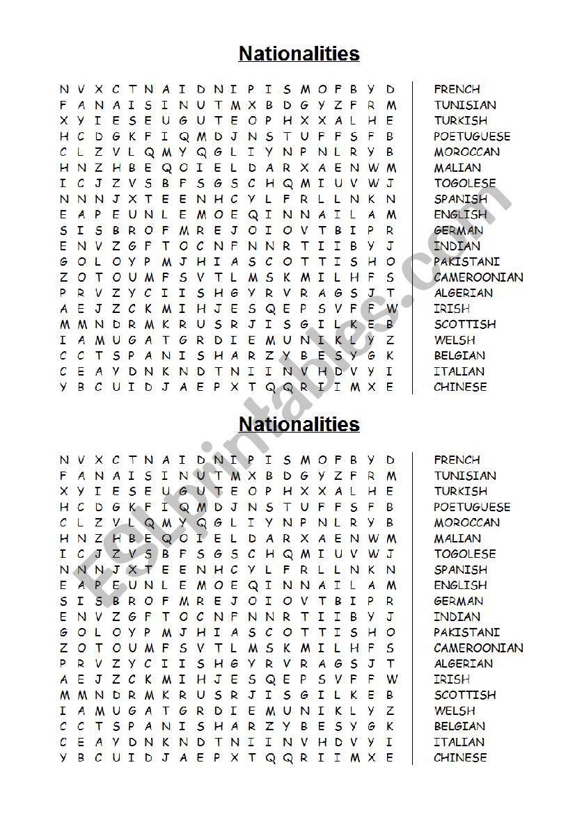 wordsearch nationalities worksheet