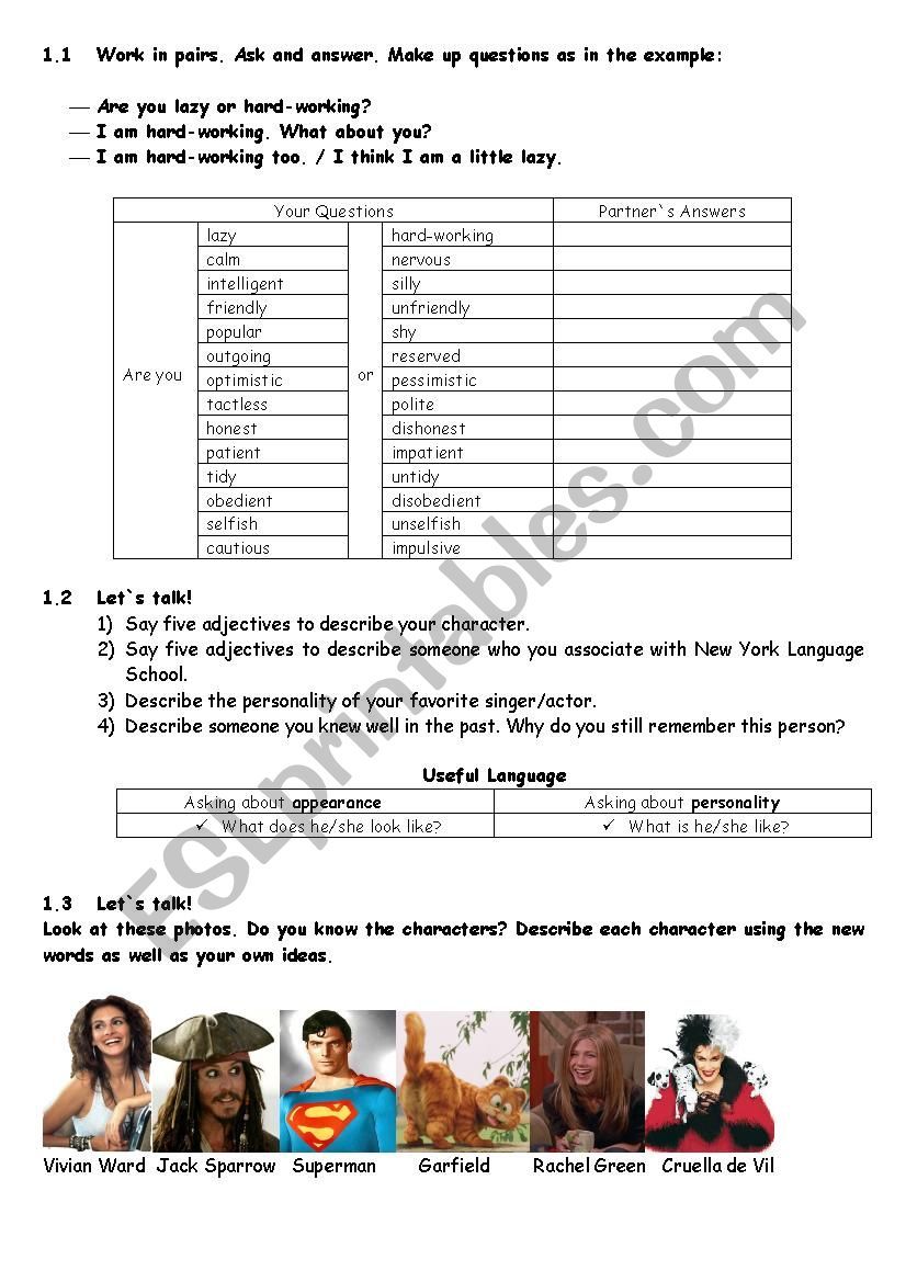 Speaking about Personality worksheet
