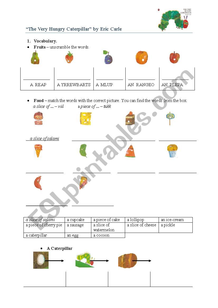 The Very Hungry Caterpillar worksheet