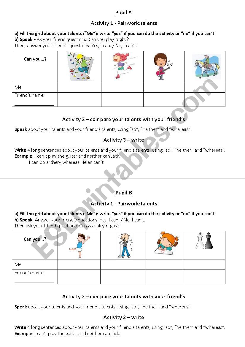 compare your talents pairwork worksheet