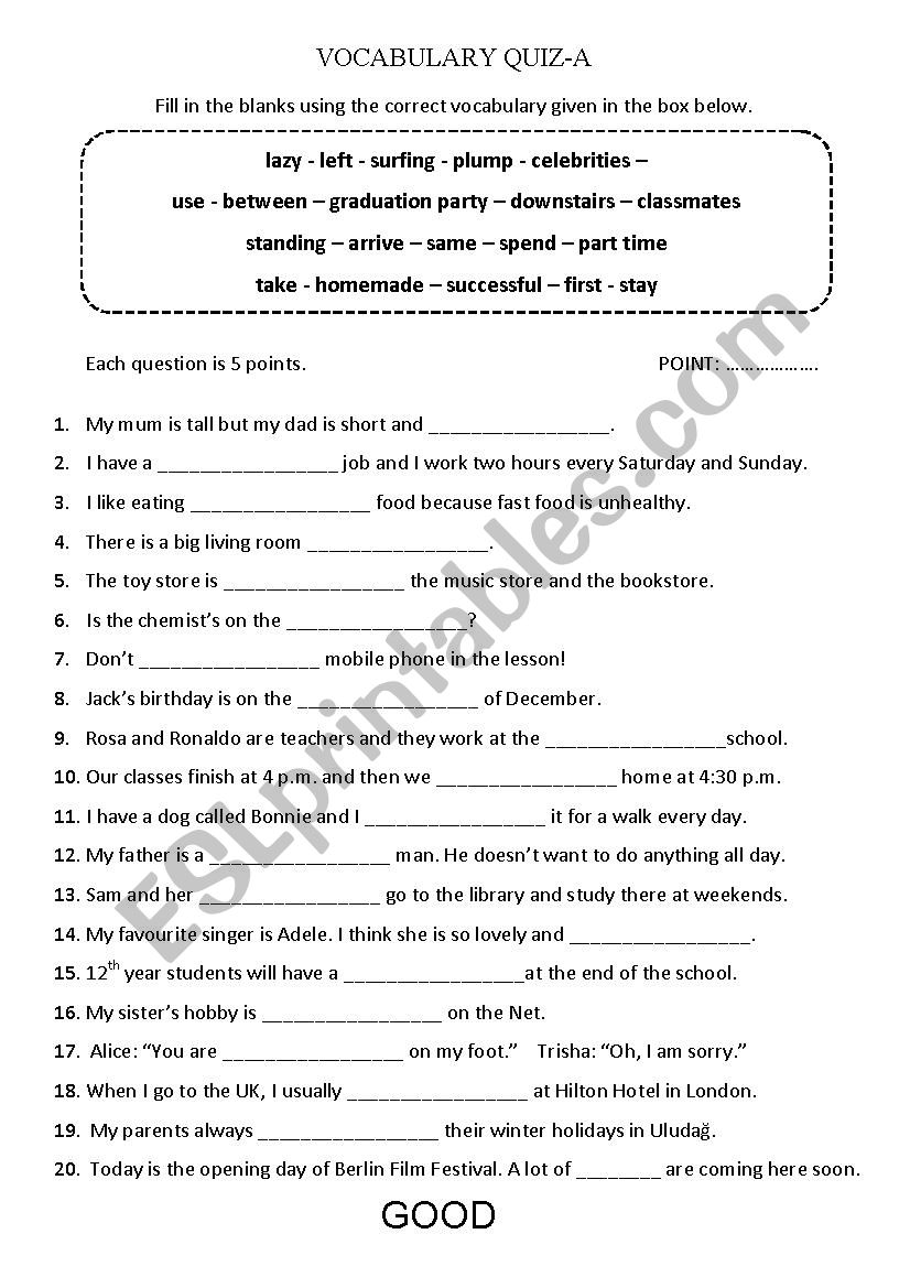 Vocabulary worksheet