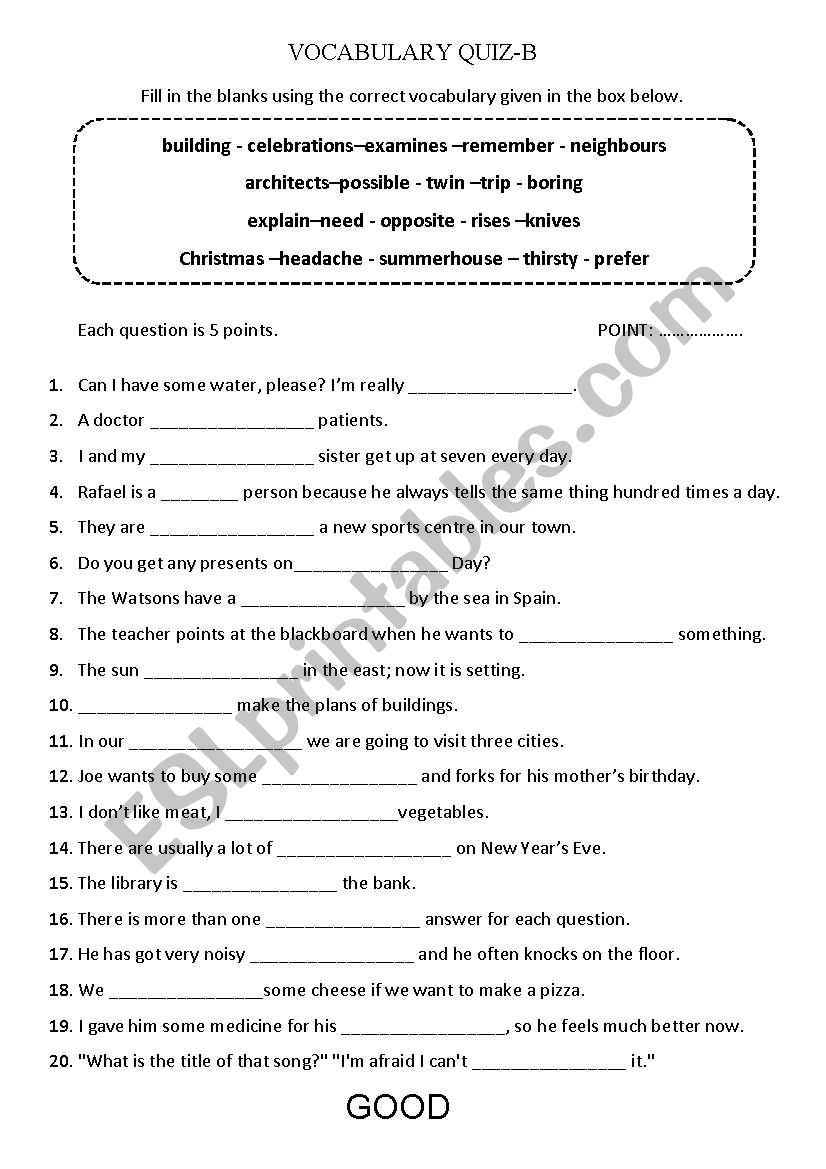 Vocabulary worksheet