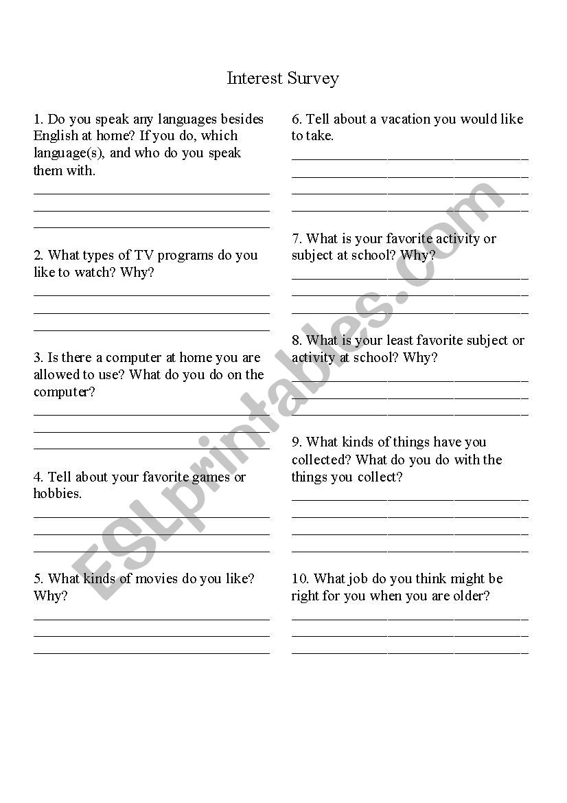 Student Interest Survey worksheet