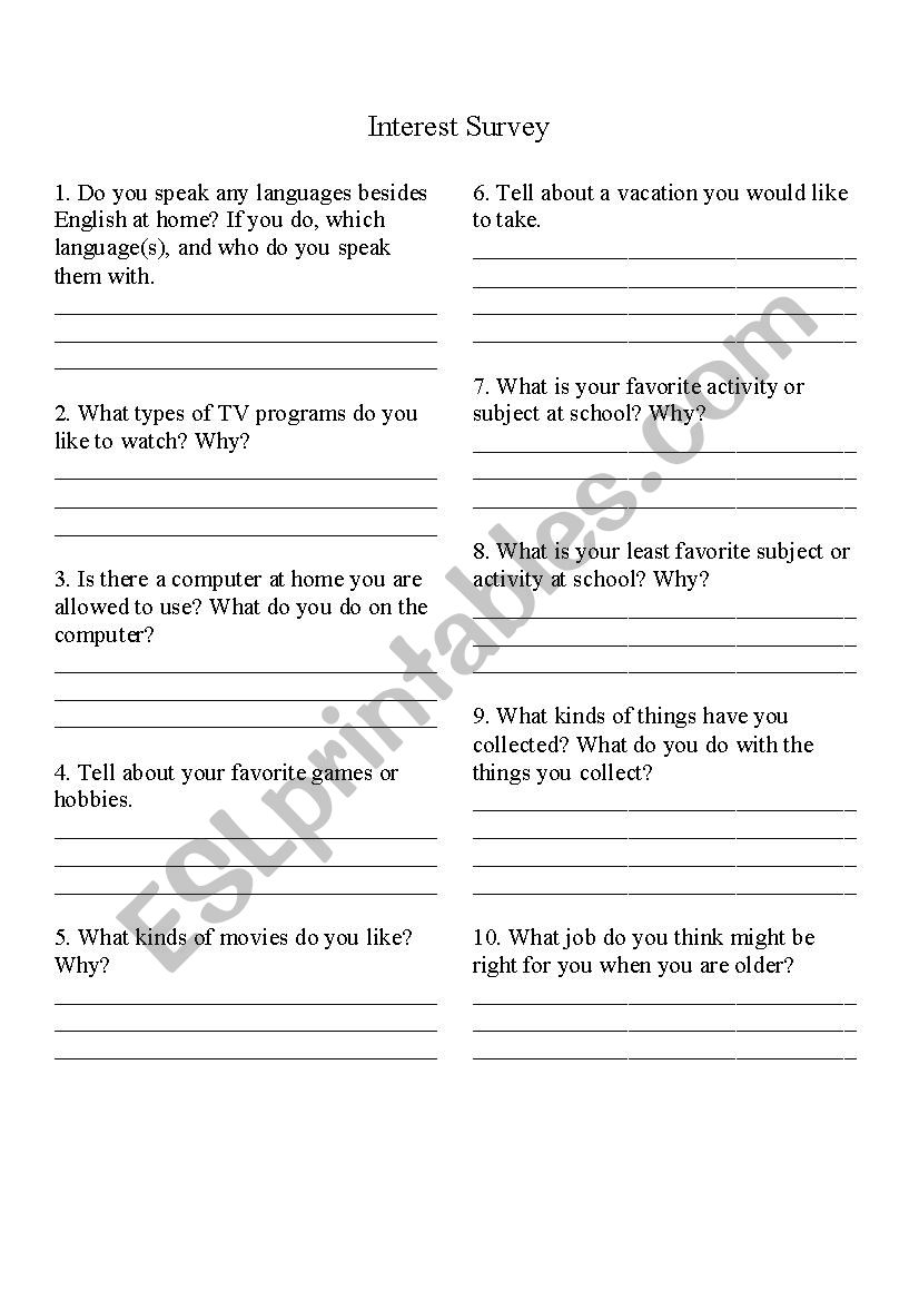 Student Interest Survey worksheet