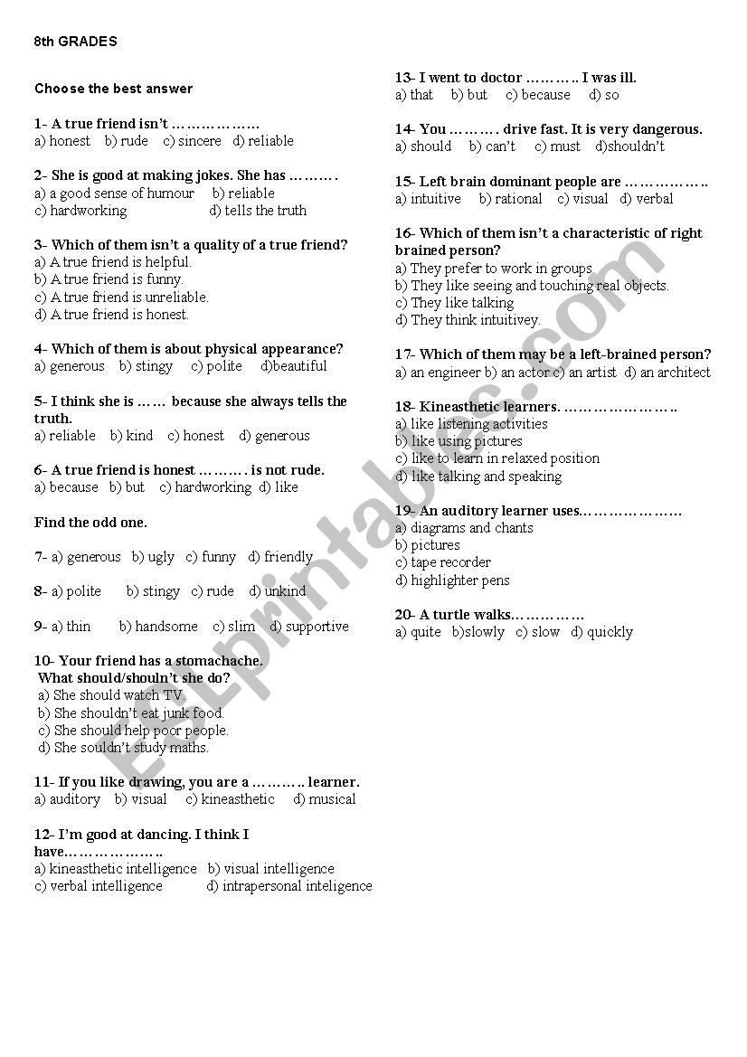 8th grade personality worksheet test