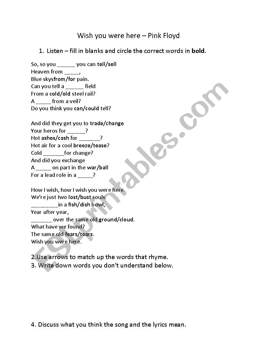 Pink Floyd Wish You Were Here Lyrics Exercise Esl Worksheet By Annblake