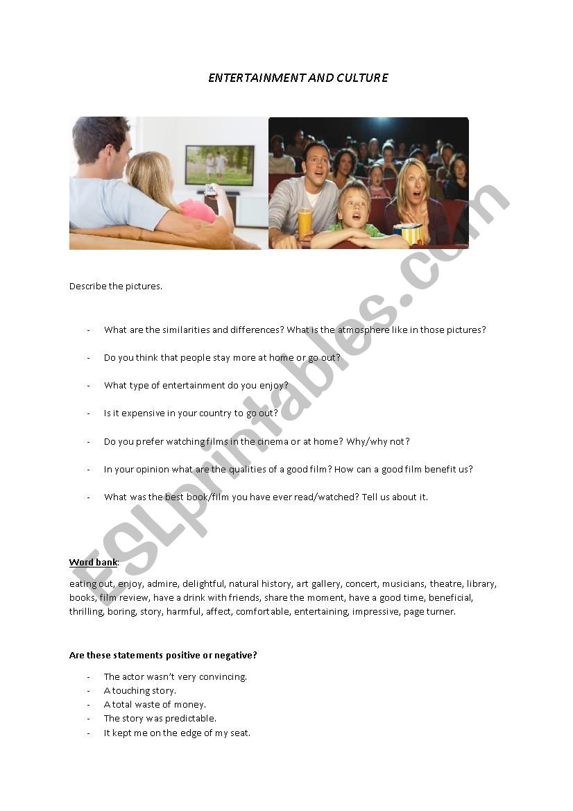 Entertainment and culture worksheet