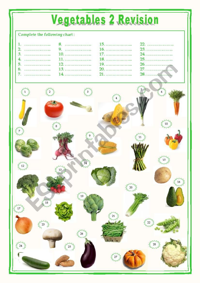 Vegetables Revision 2 TEST worksheet