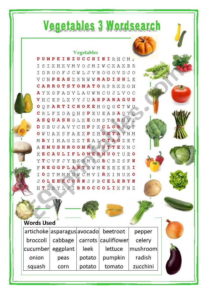 Vegetables Wordsearch 3 worksheet