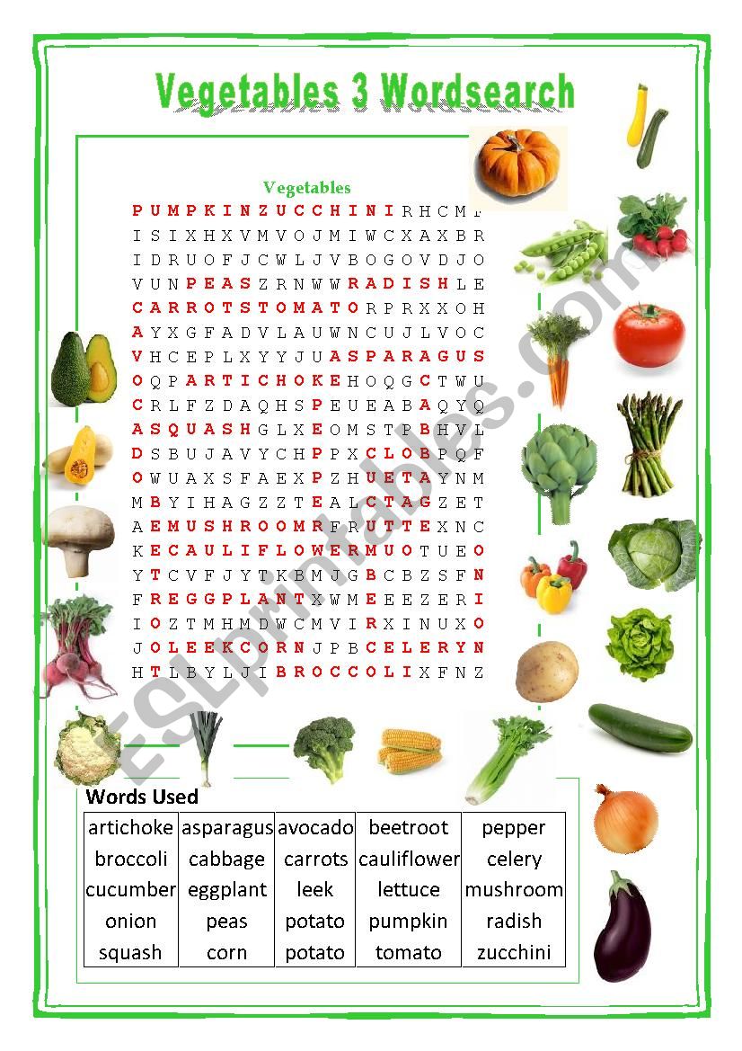 Vegetables Wordsearch 3 worksheet