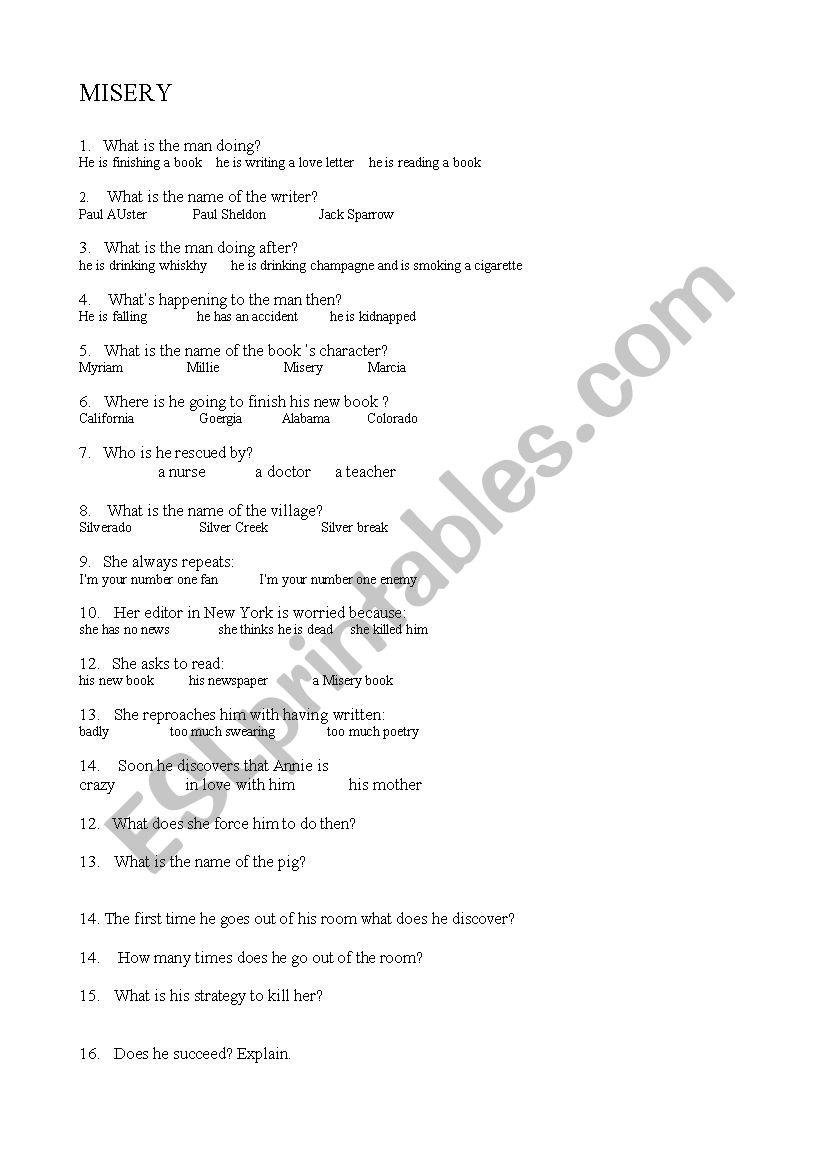 MOVIE MISERY worksheet