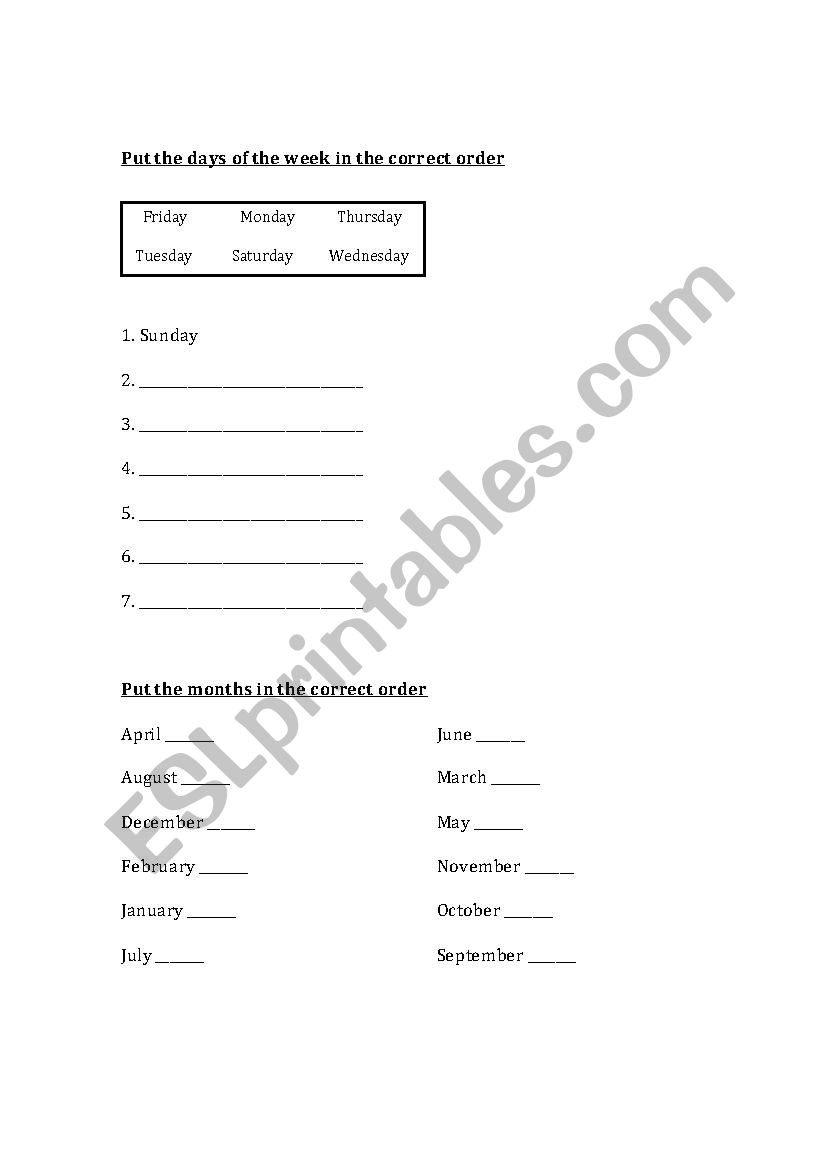 Days and Months worksheet