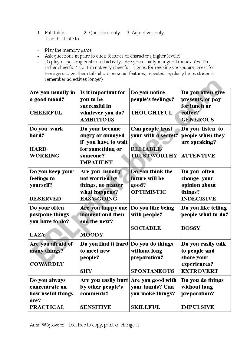personality talk worksheet