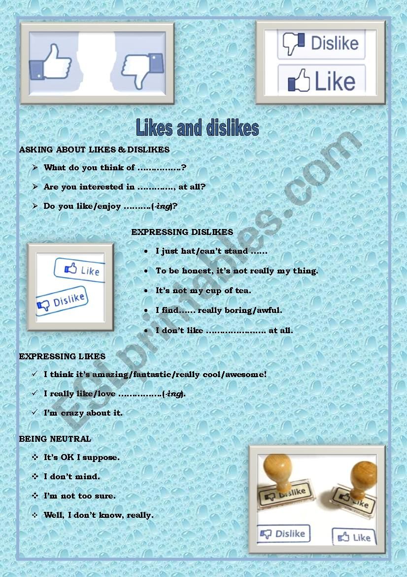 Likes ,  dislikes worksheet