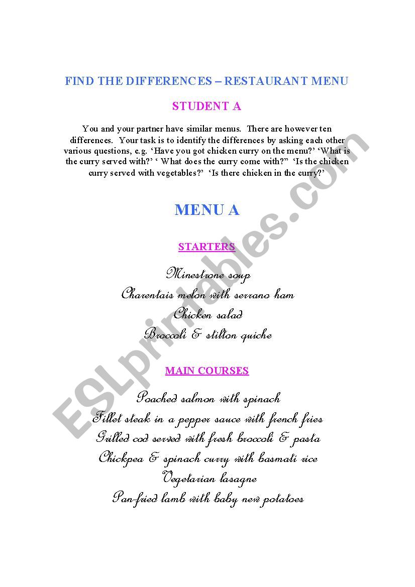 Two menus worksheet
