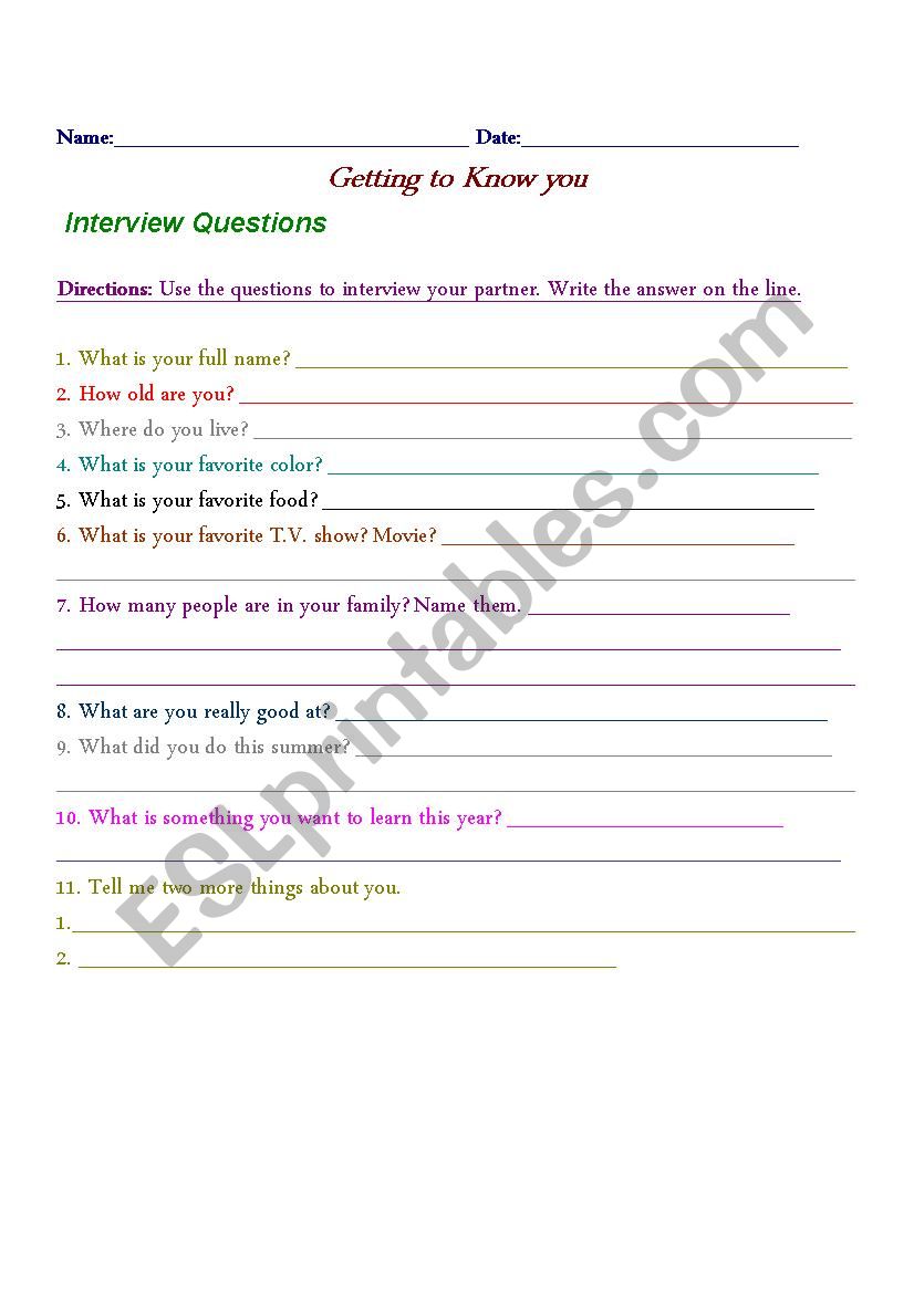 Getting to know you worksheet