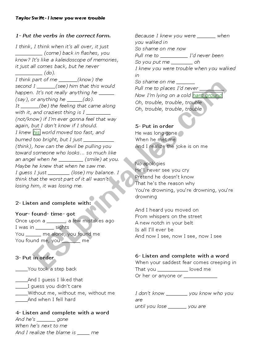 PAST SIMPLE_I KNEW YOU WERE TROUBLE…: English ESL worksheets pdf & doc