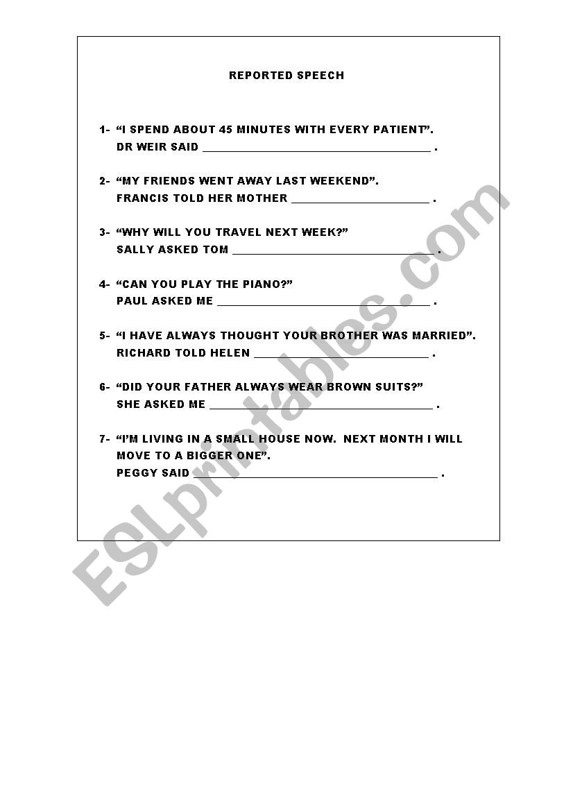 REPORTED SPEECH worksheet