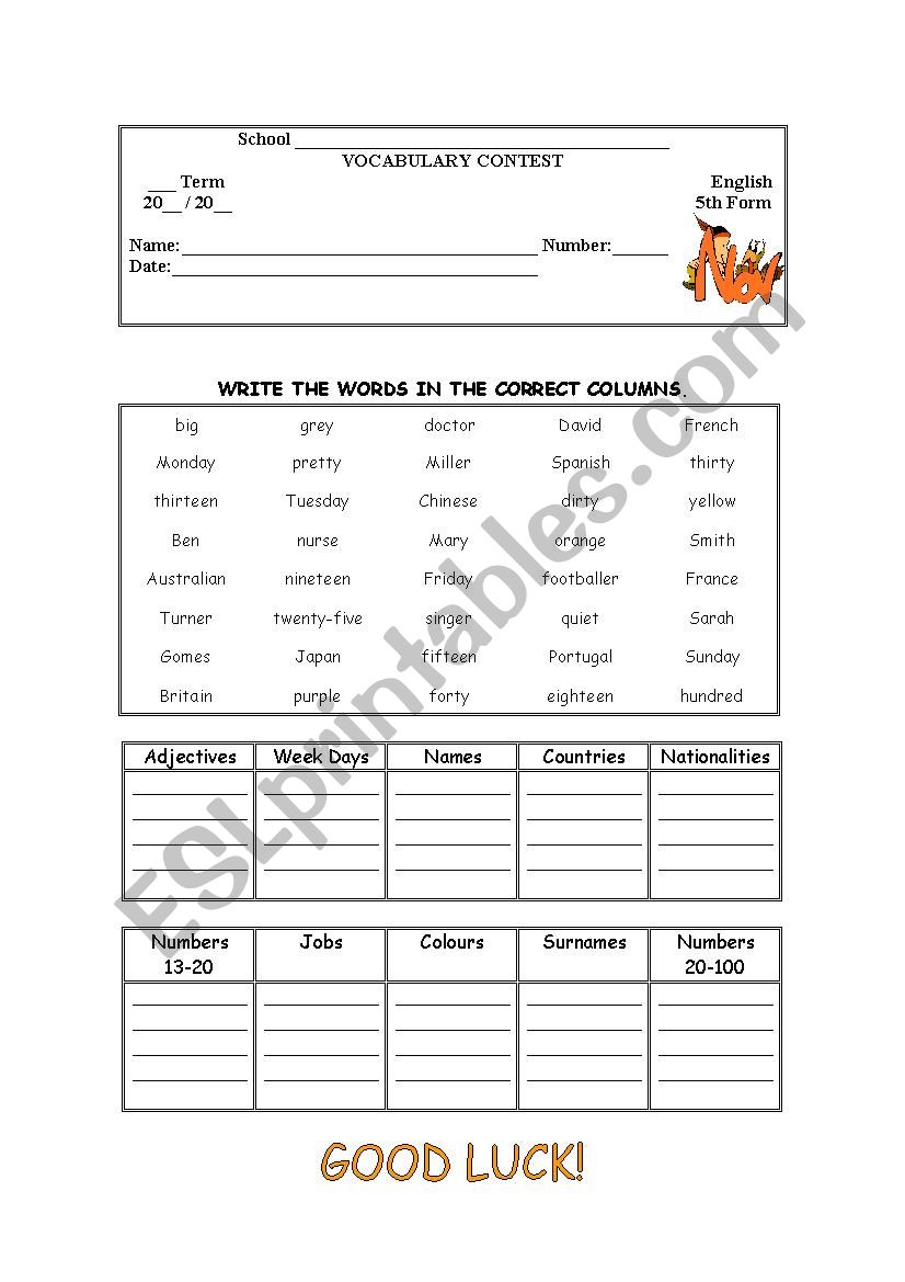 VOCABULARY CONTEST -November worksheet