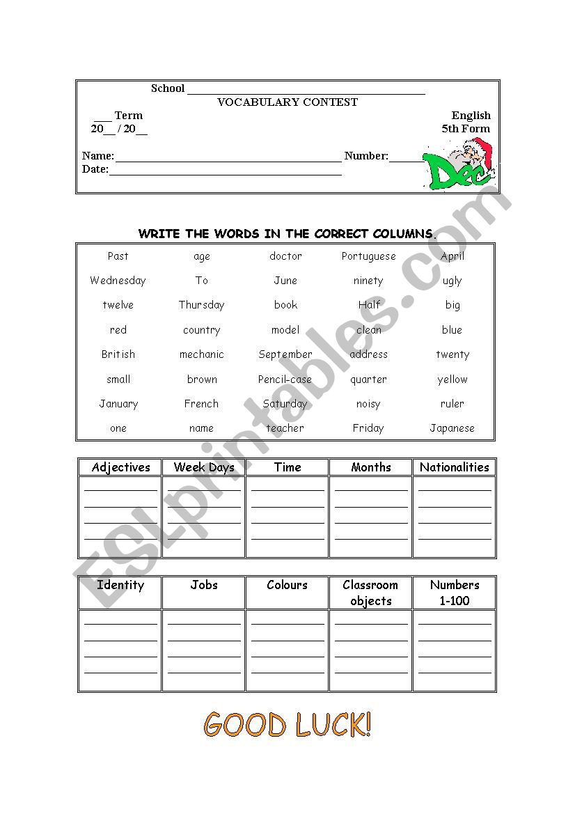 VOCABULARY CONTEST -December worksheet