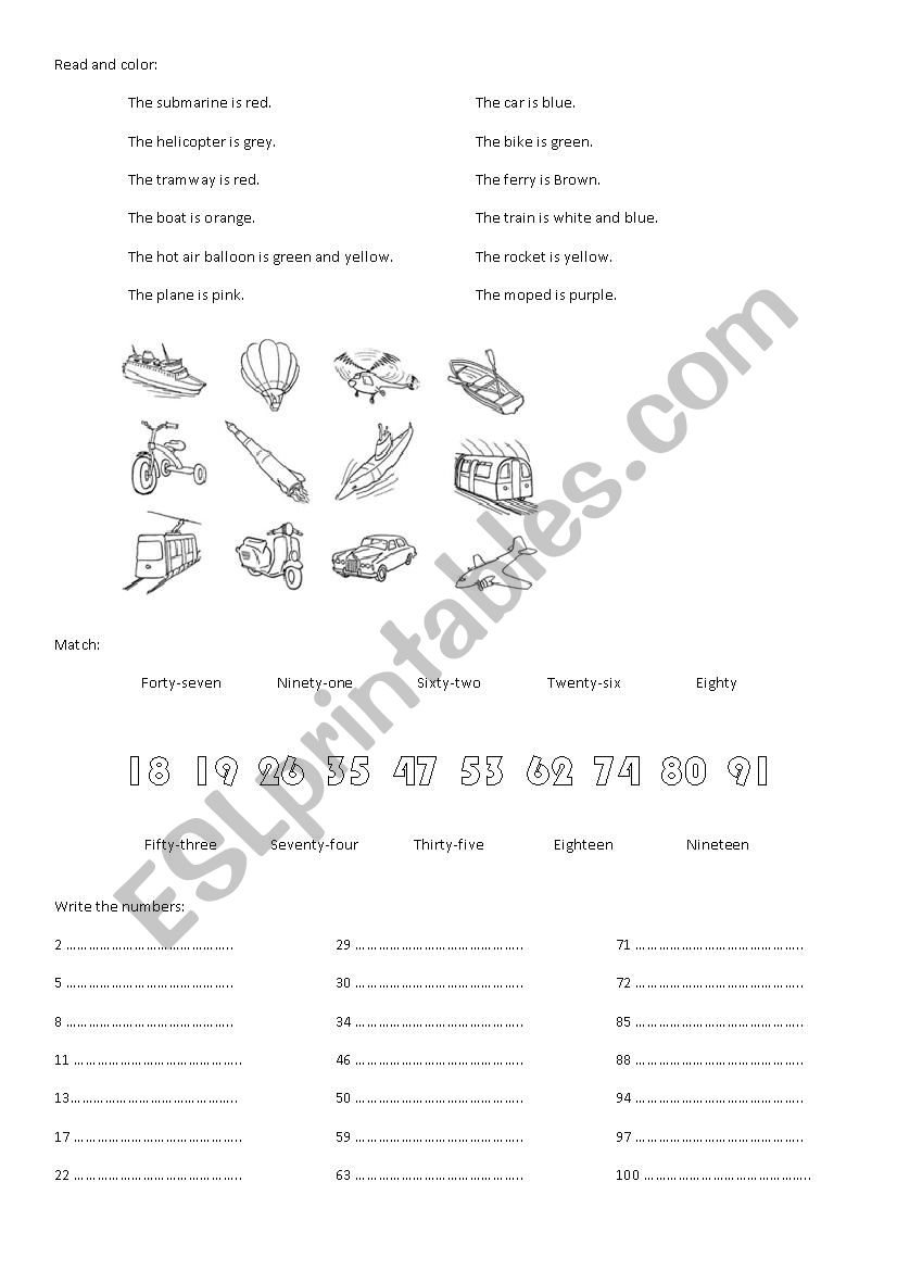 Means of transport, numbers 1-100 and colours