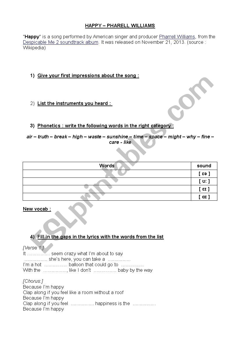 Happy by Pharell Williams worksheet