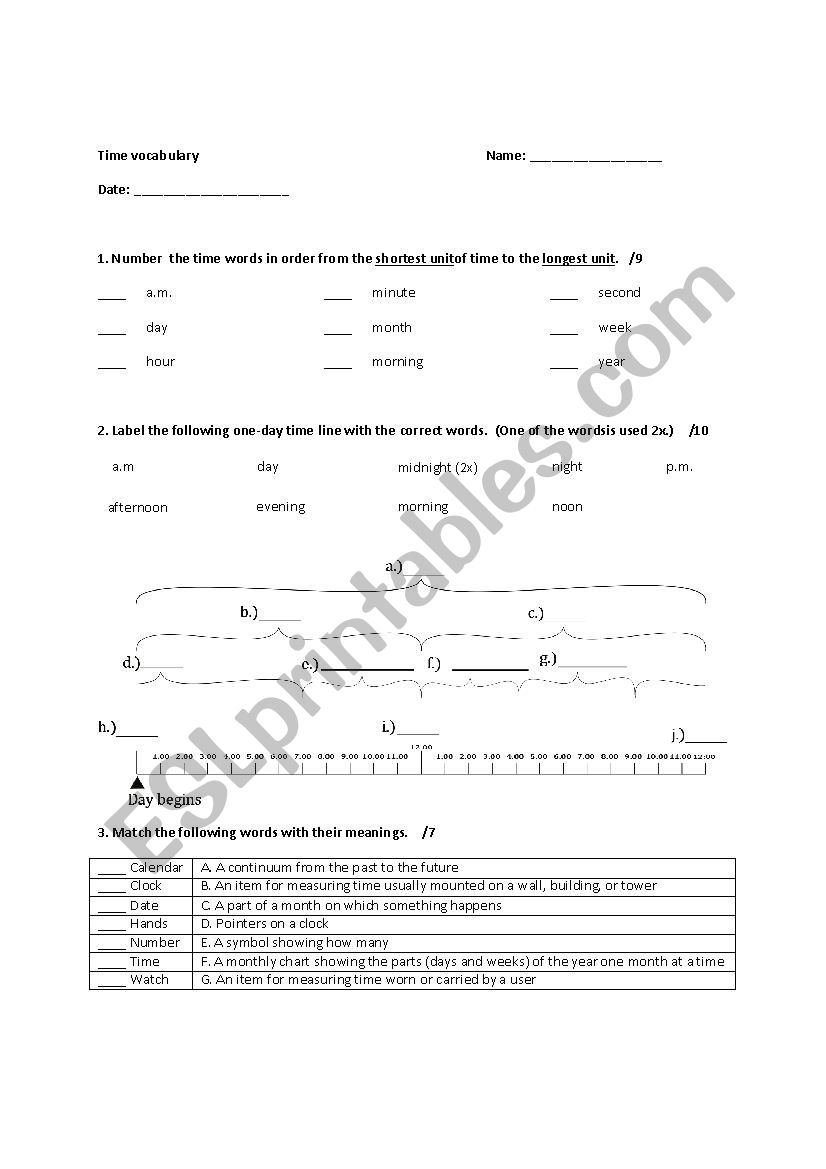 Time vocabulary worksheet worksheet