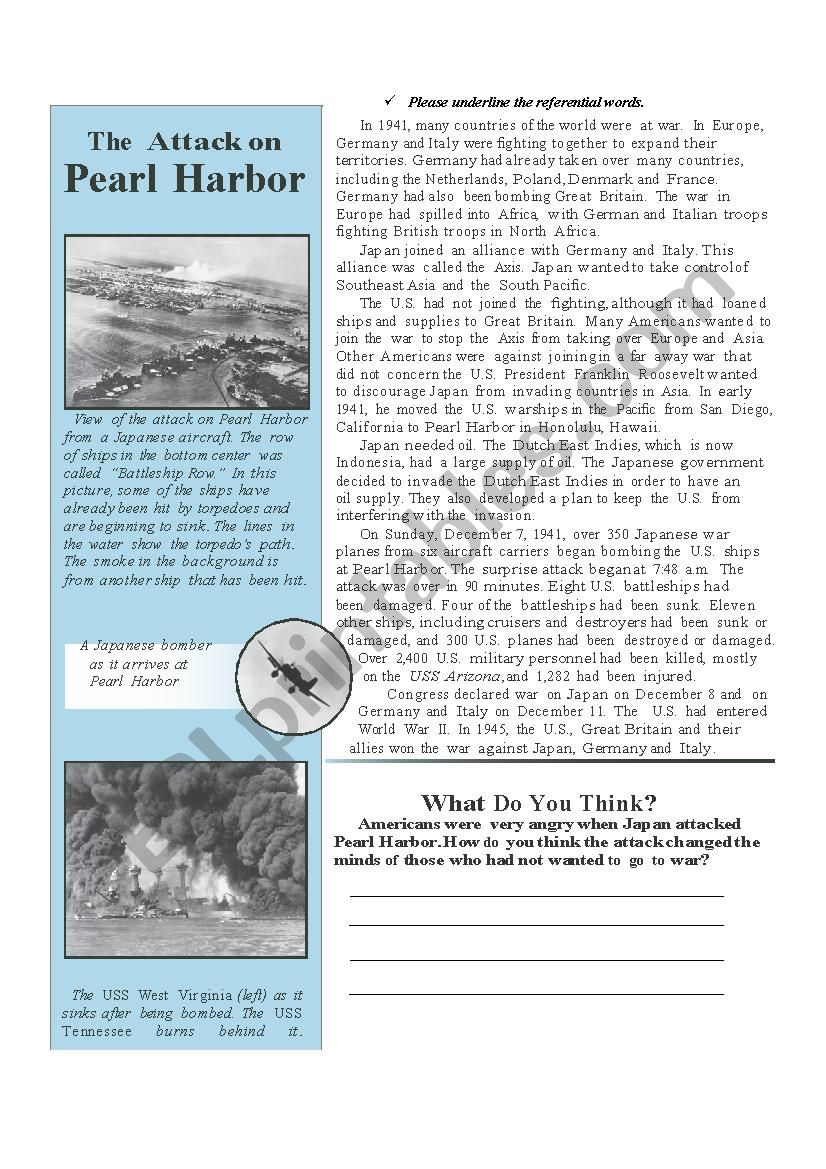 pearl harbour worksheet