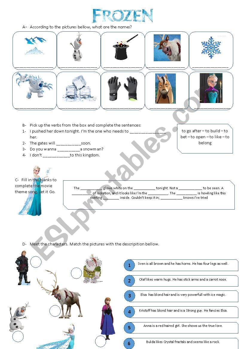 movie Frozen vocabulary worksheet