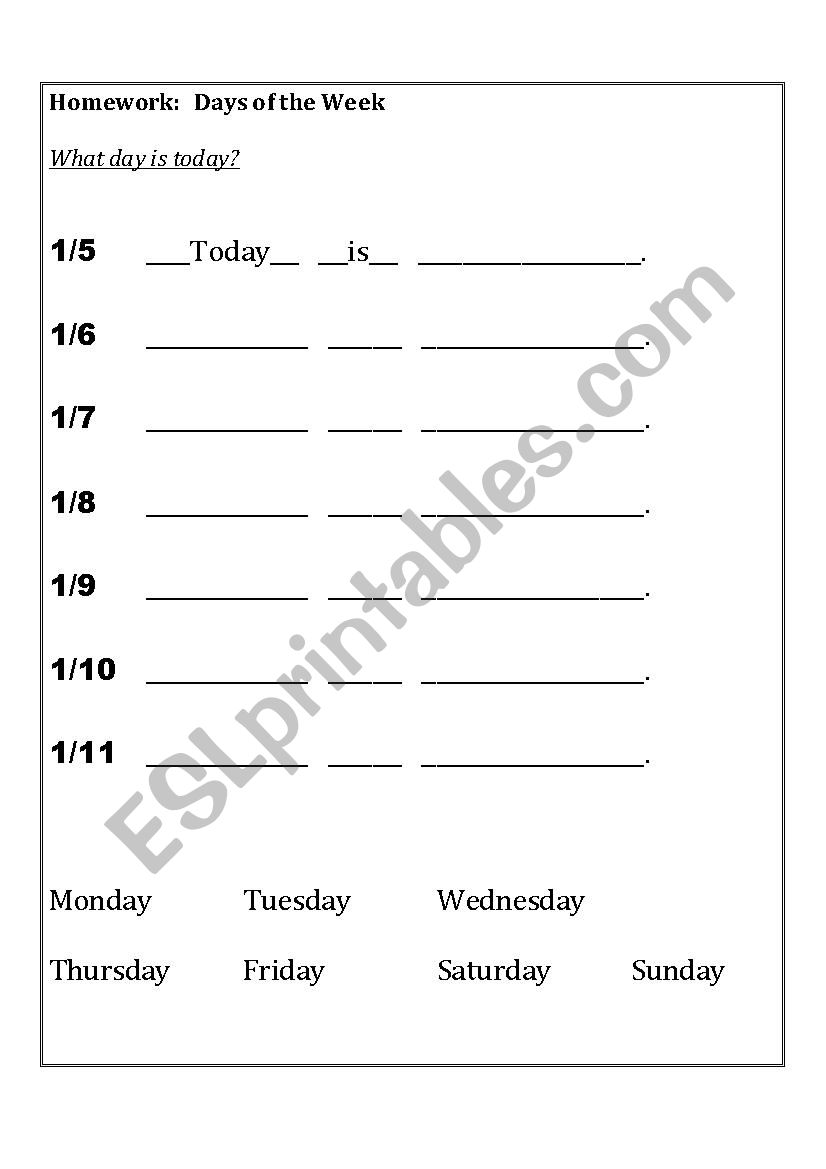 Days of the Week Worksheet worksheet