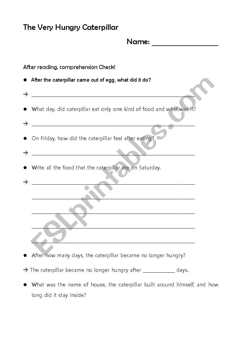 The Very Hungry Caterpillar worksheet