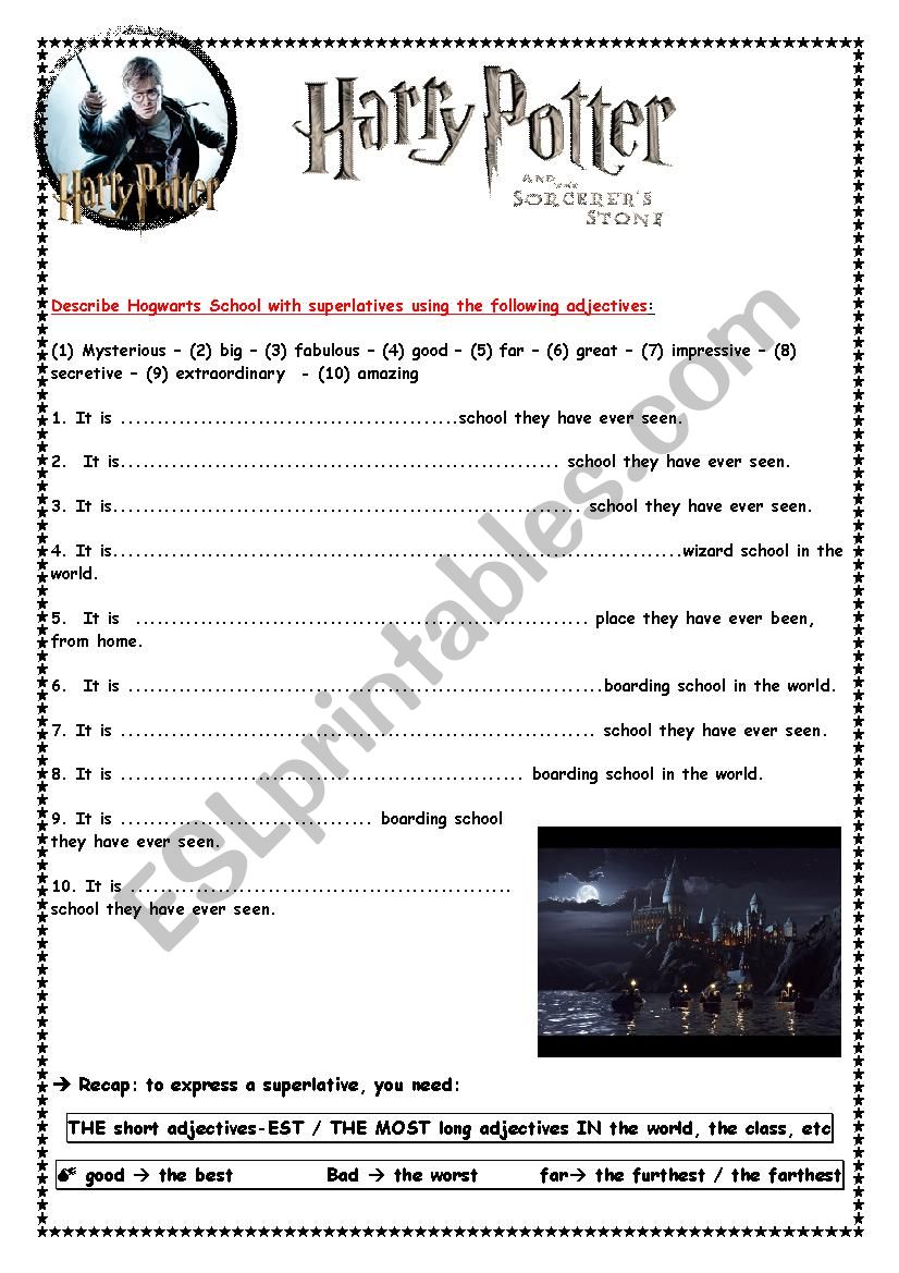 Harry Potter Hogwarts School _Superlatives ESL worksheet by DC1769