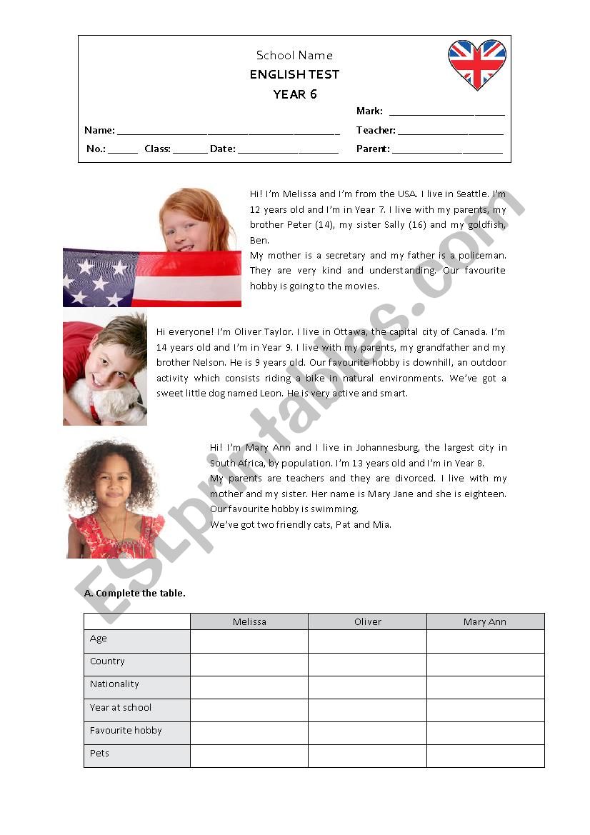 Test Personal Identification worksheet