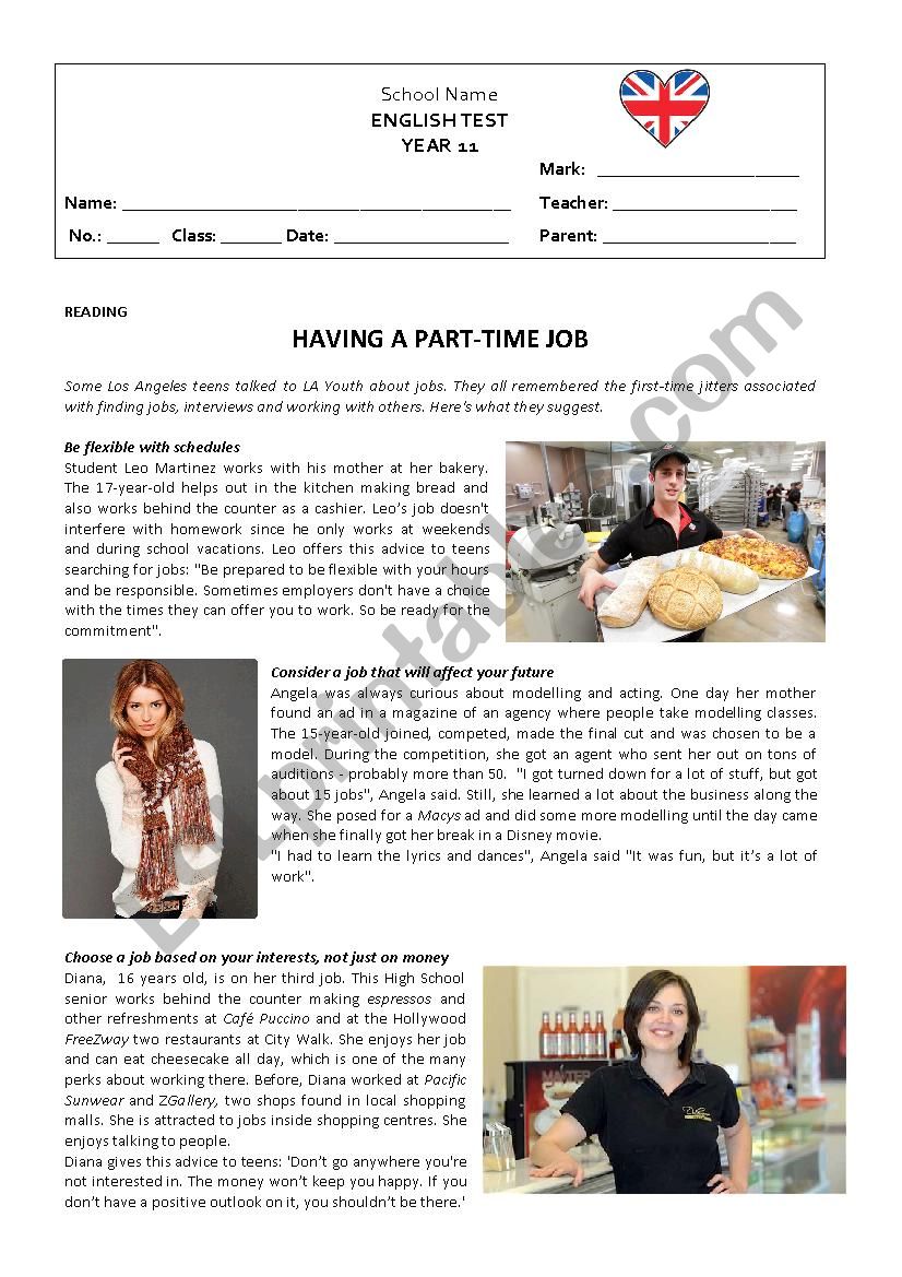 Test - Part-time jobs worksheet