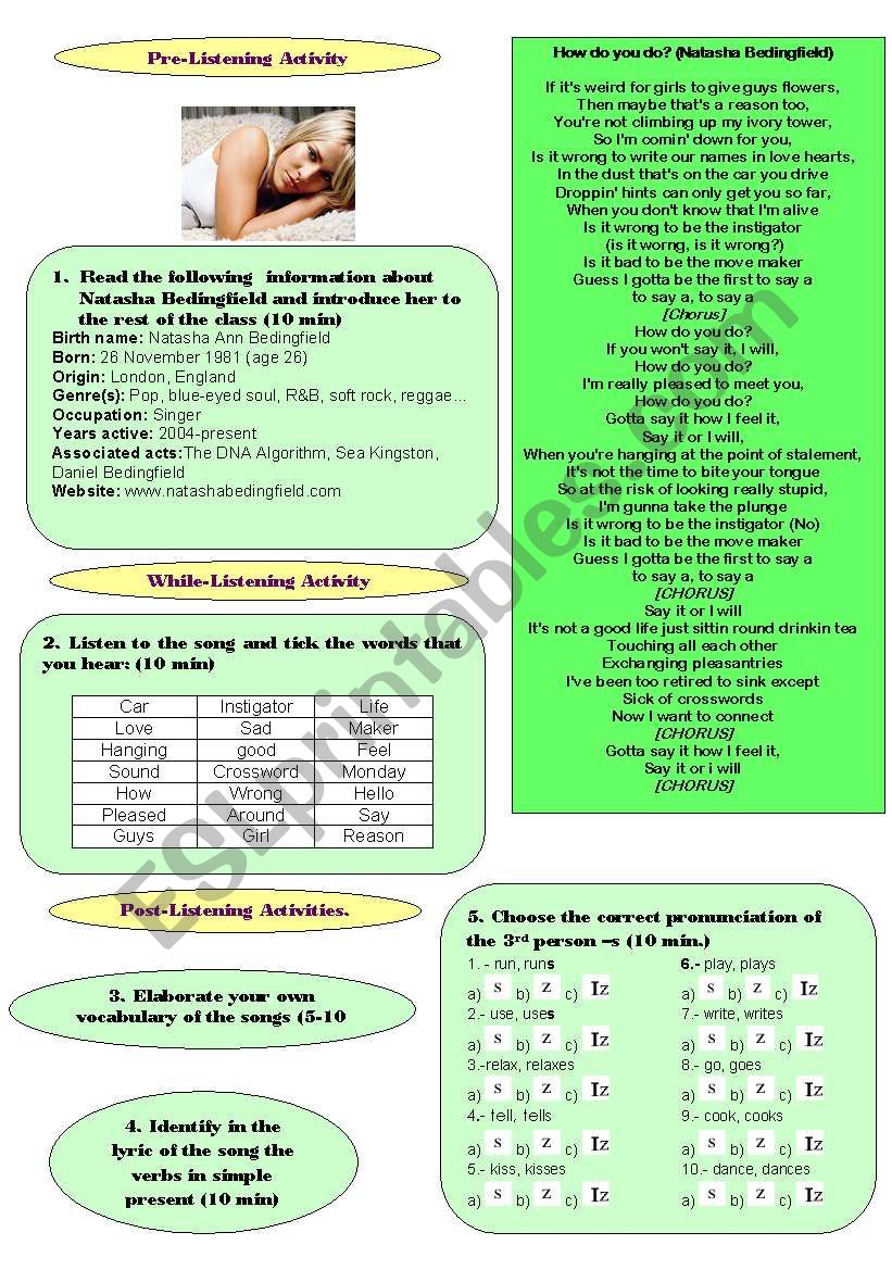 Listening Natasha Bedingfield worksheet