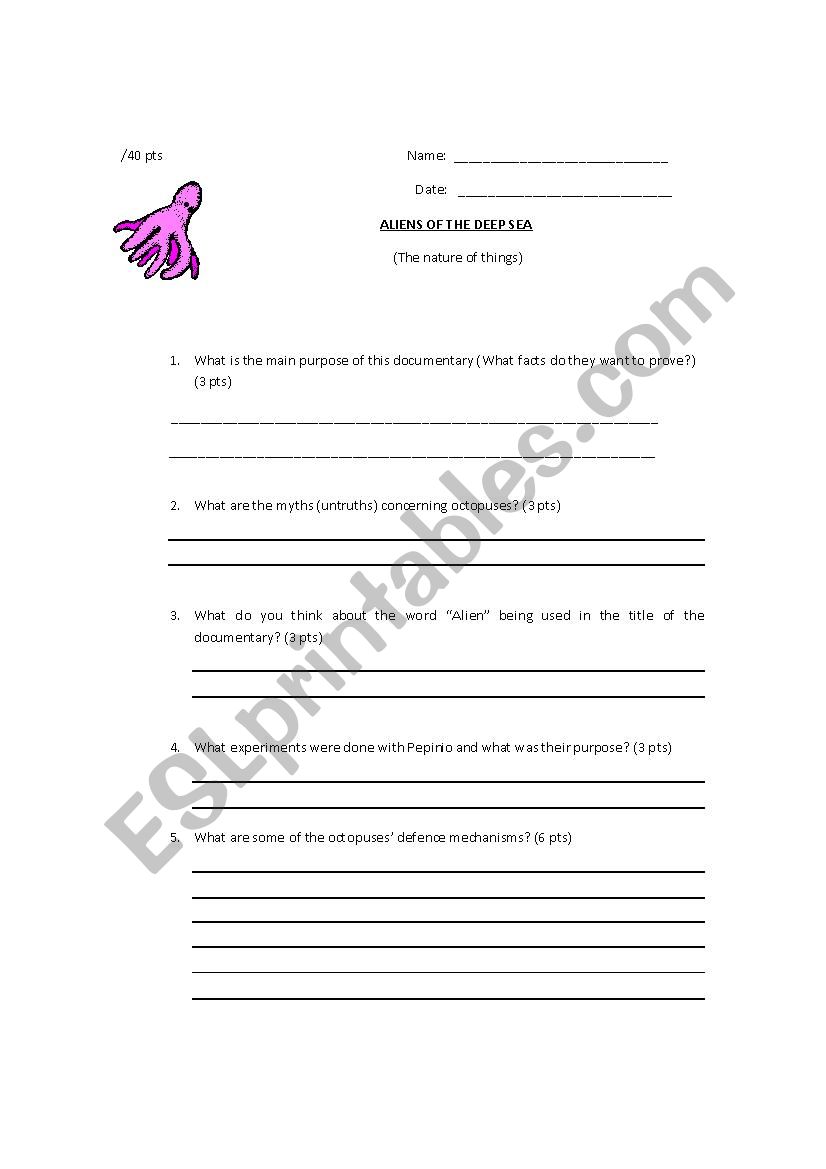 Aliens of the deep sea worksheet