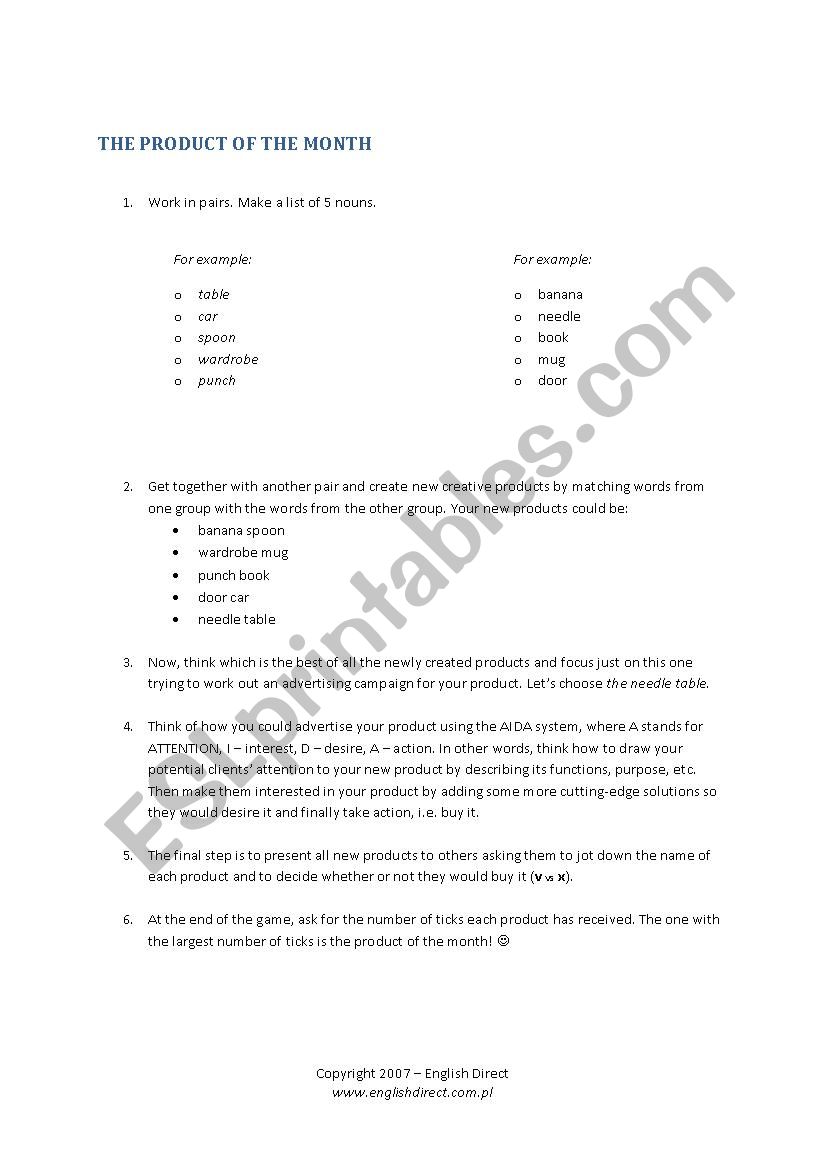 the product of the month worksheet