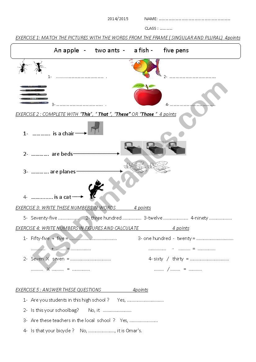 test for the 3rd grade worksheet