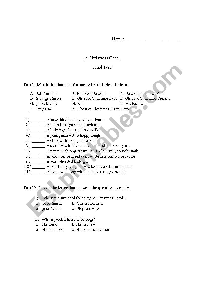 A Christmas Carol Final Exam worksheet