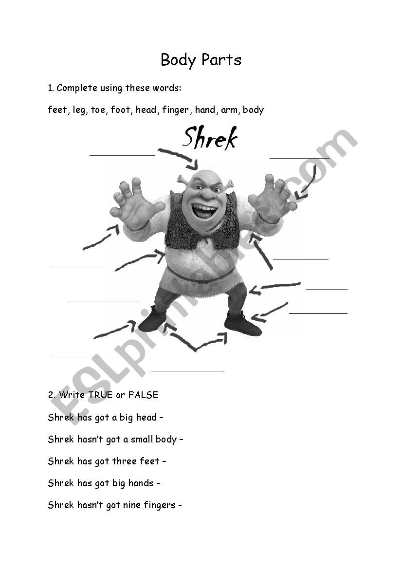 Body parts with Shrek worksheet