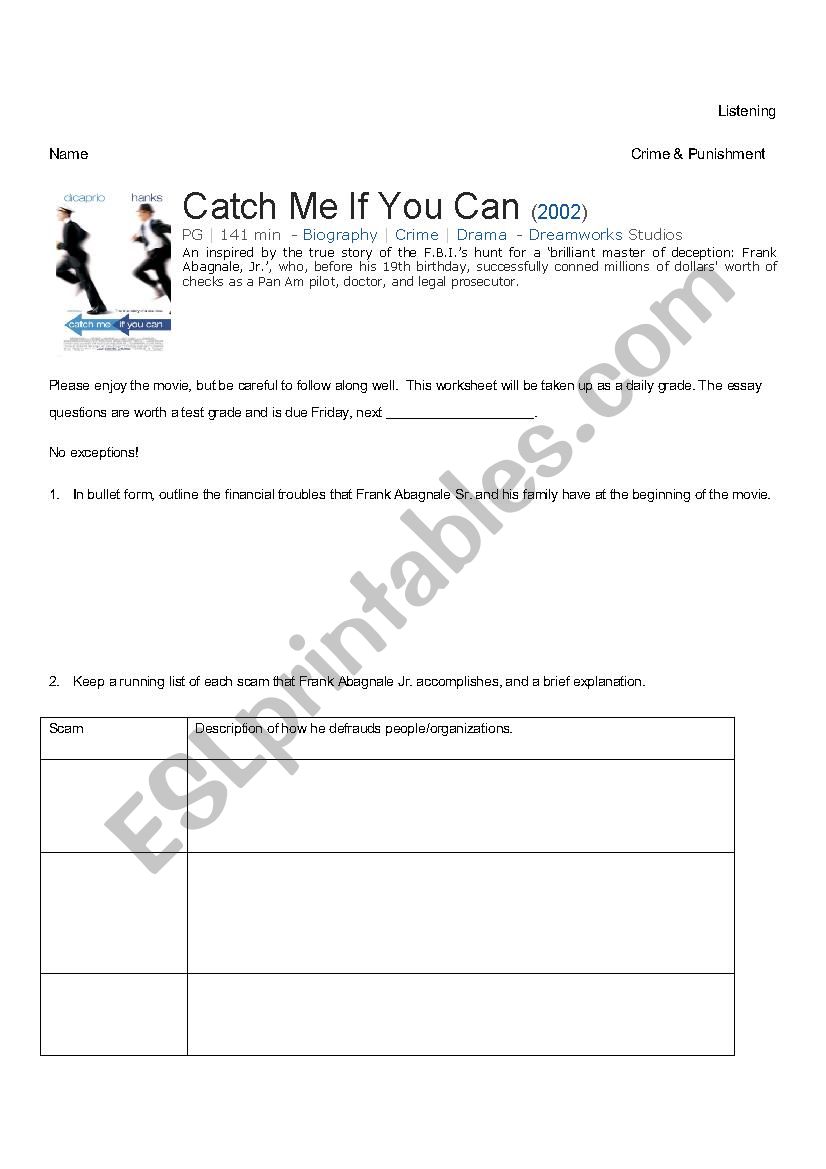 Catch Me If You Can worksheet