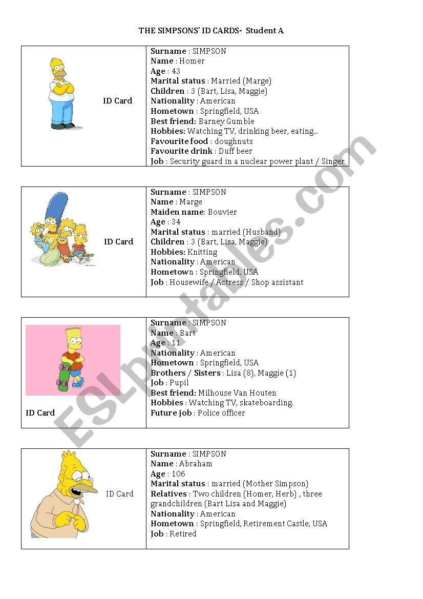 The Simpsons ID cards - Information gap activity